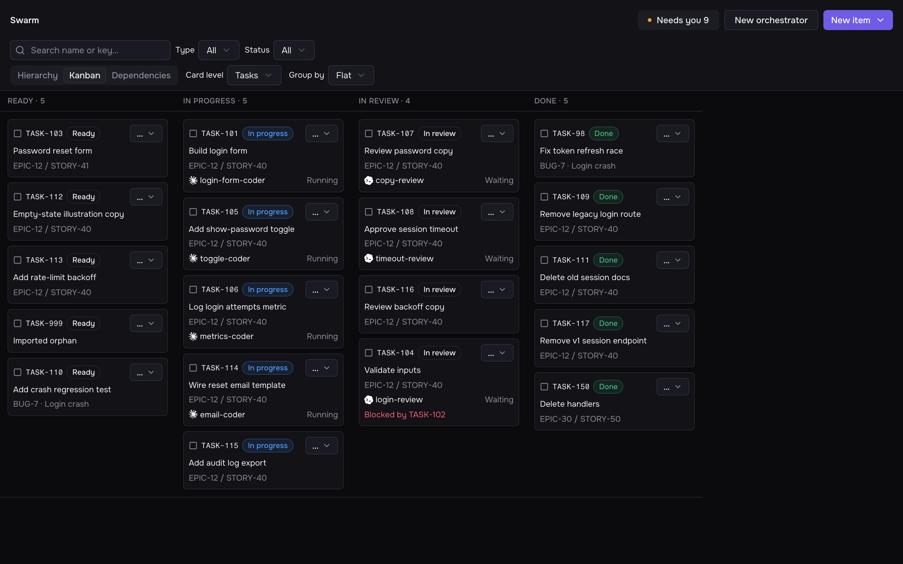 The Swarm board in kanban view, with tasks in Ready, In progress, In review and Done columns.